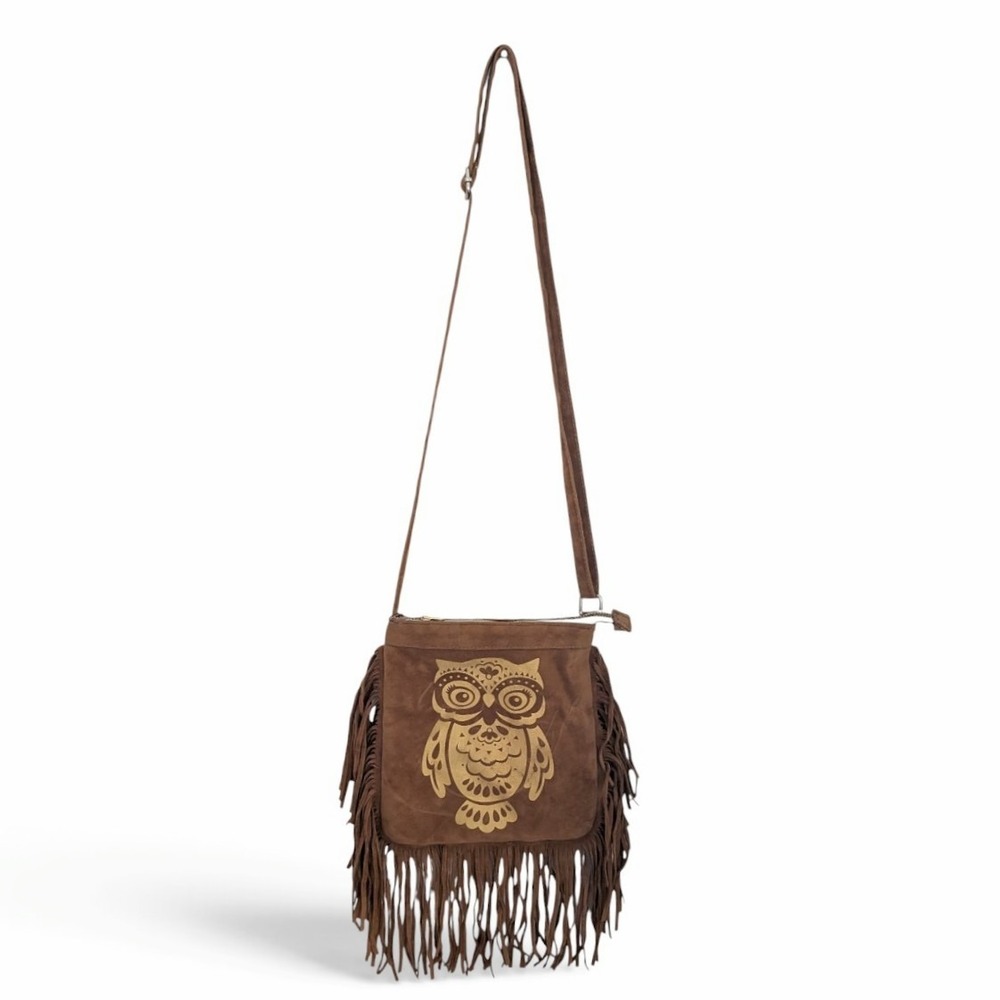 Brown Faux Suede Owl Crossbody Bag Gold Graphic Boho Fringe Adjustable Strap